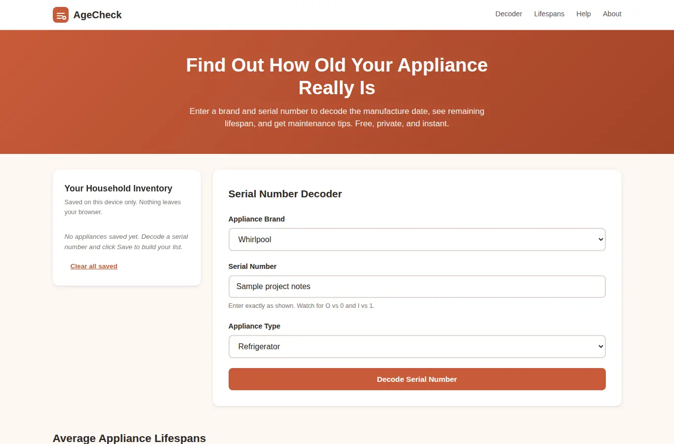 Screenshot of AgeCheck: Appliance Age Decoder interface showing the project page in use